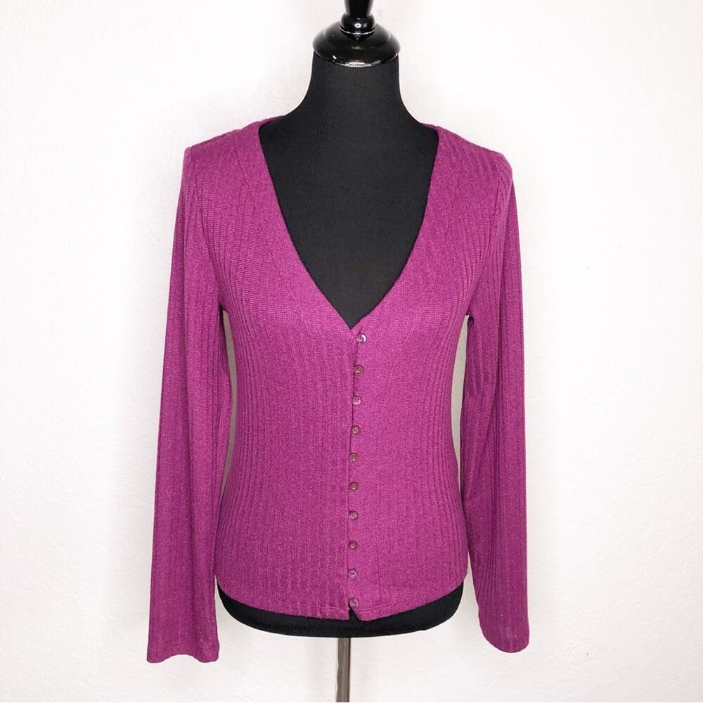 Anthropologie Maeve purple metallic ribbed knit button front top size Medium